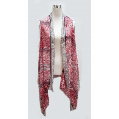Red, Black & Gray Multi Long Scarf Vest With Sequins